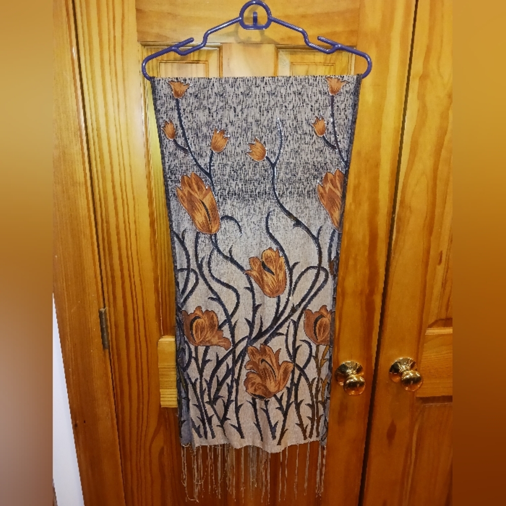 Whimsigoth Floral Patterned burnout Velvet Scarf with Fringe EUC